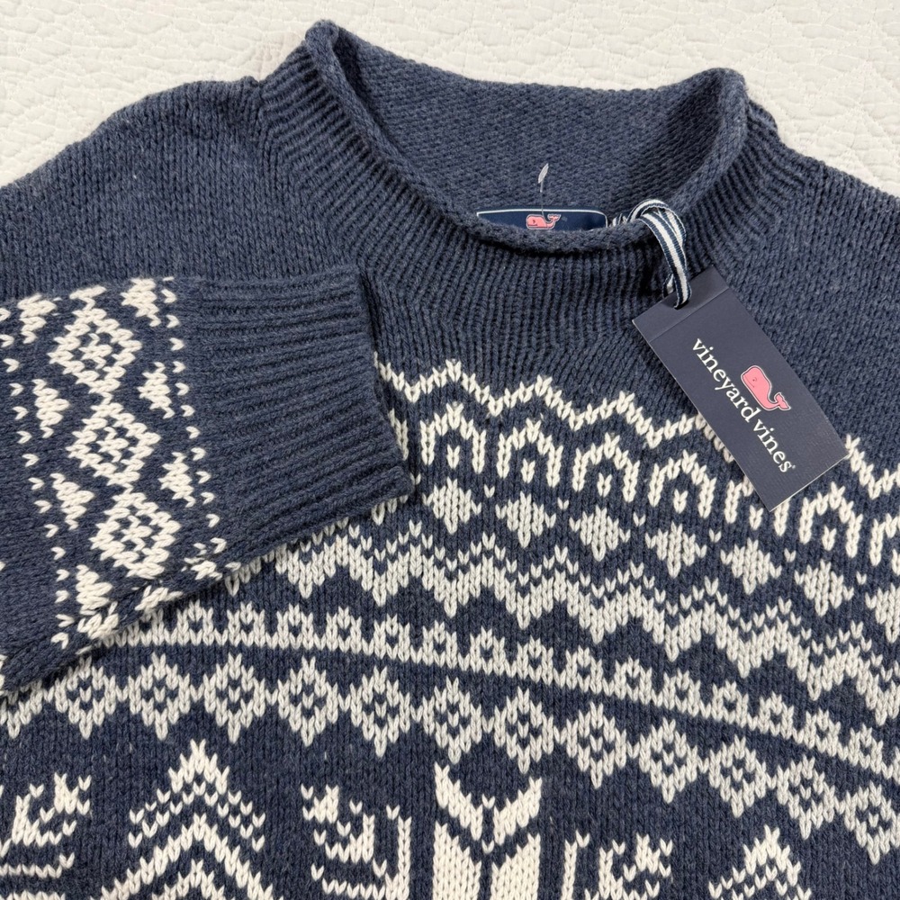 Vineyard Vines Mens M Chunky Snowflake Roll Neck Sweater Navy Merino Wool Blend